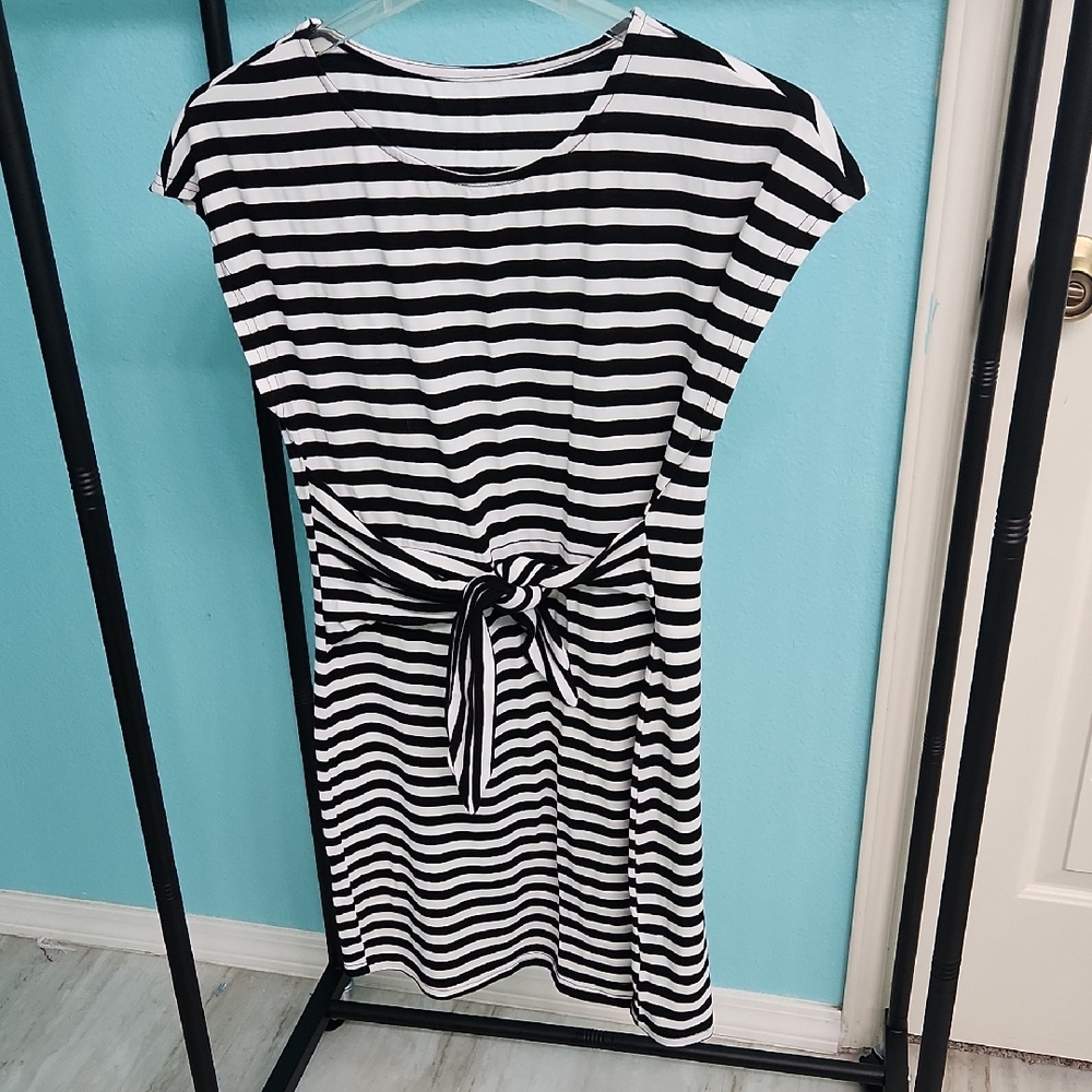 Black and White Striped Dress with Belt